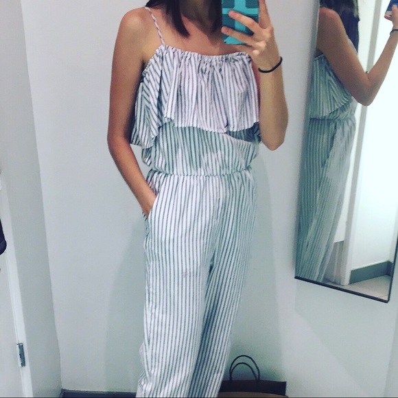 h&m blue and white striped jumpsuit